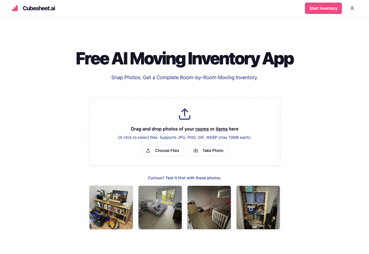 New Cubesheet.ai interface with photo upload and sample images
