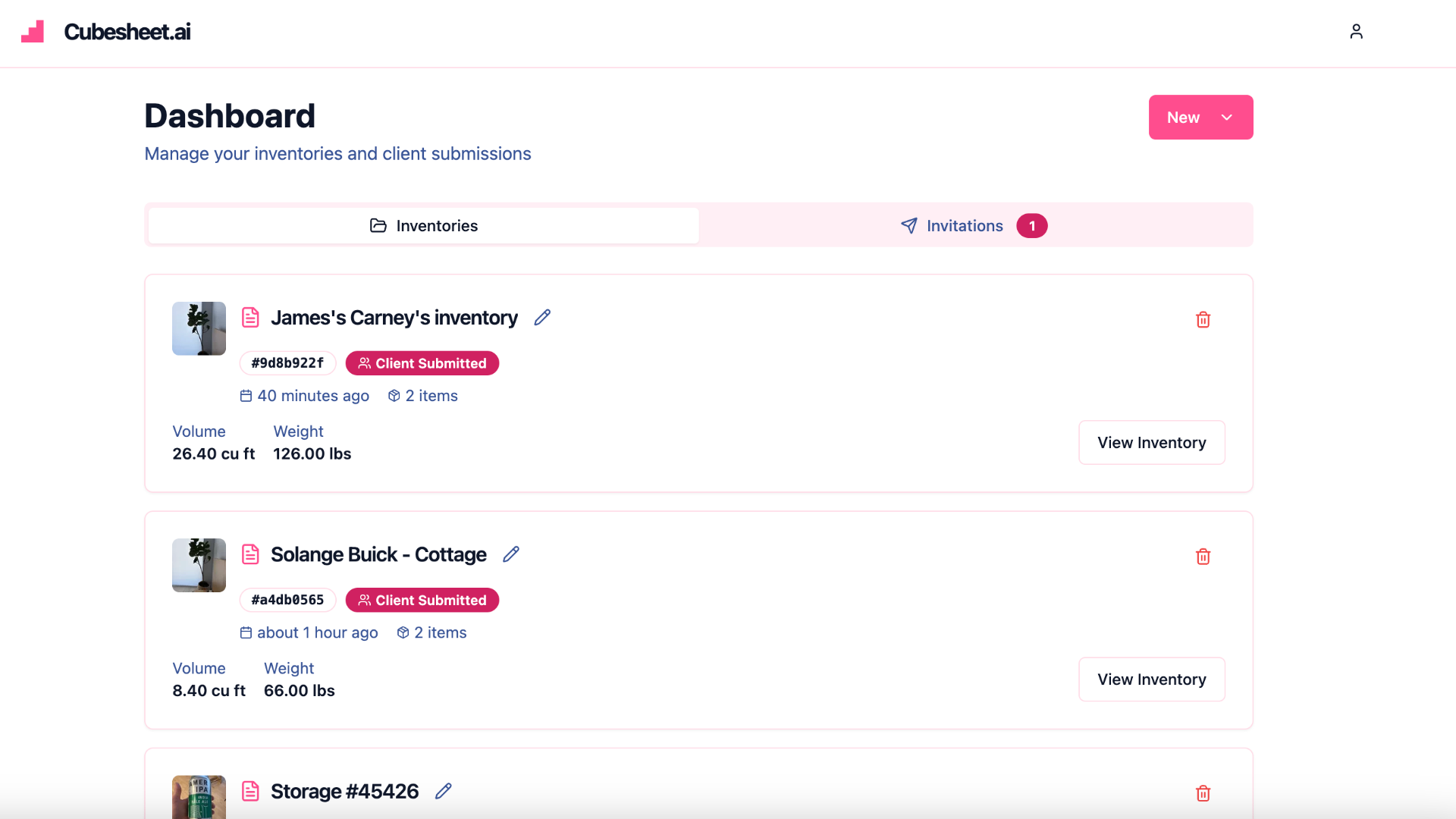 Cubesheet.ai mover dashboard showing unified inventory list with client submissions and inline renaming